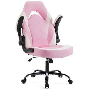 Sweetcrispy Computer Gaming Desk Chair – Pink Ergonomic Office Executive Adjustable Swivel Task PU Leather Racing Chair with Flip-up Armrest for Adults, Kids, Men, Girls, Gamer, White Pink