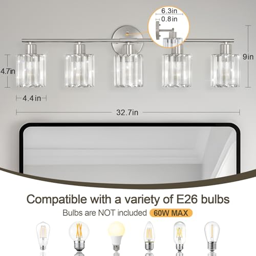 Image of Modern Brushed Nickel Crystal Bathroom Light Fixtures,5-Light | Bathroom Lighting Fixtures over Mirror,Vanity Lights for Mirror, Restroom(Ceramic E26 Socket,Bulbs Not Include)