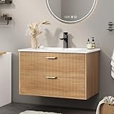 Vabches 24 Inch Bathroom Vanity with Sink, Floating Bathroom Vanity with 2 Storage Darwers, Wood Grain Wall Mounted Vanity with Storage, Bathroom Floating Vanity with Sink, Faucet, Drain