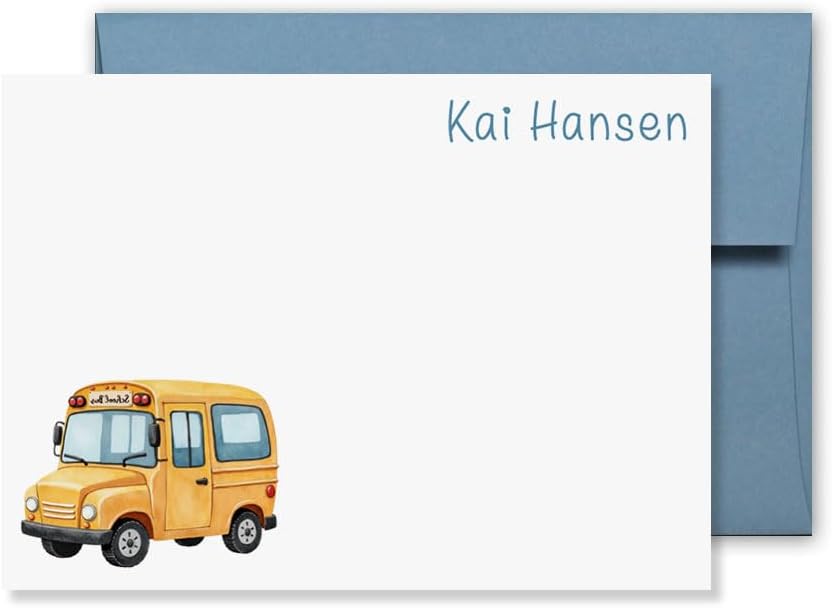 KAI KAI MARKET | Retro Ride 4 School Bus | Personalized Stationery | Flat Note Cards and Envelopes | Cars, Trucks, Kids | Thank You Cards |