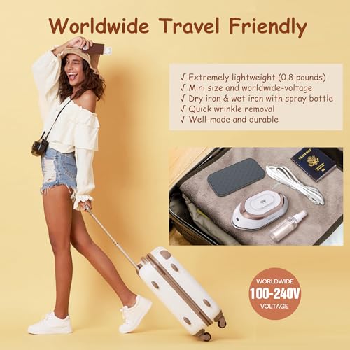 Newbealer Travel Iron with Dual Voltage - 120V/220V Lightweight Dry Iron for Clothes (No Steam), Non-Stick Ceramic Soleplate, 302℉ Heat Press Machine, w/Spray Bottle, Pouch & Silicone Stand (White)