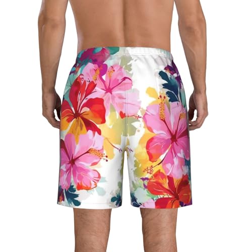 Hawaiian Flower Print Men's Swim Trunks Quick Dry Board Shorts with Pockets Casual Drawstring Beach Shorts3