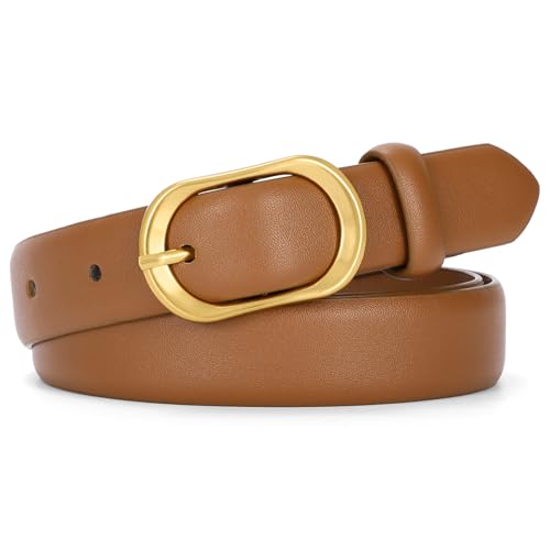 SANSTHS Women Belt for Jeans with Vintage Gold Oval Buckle Thin Belt for Dresses Pants Adjustable Waist Belt for Daily Fashion Brown XS