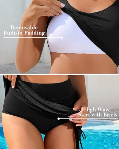 Women Tummy Control 2 Piece Bikini Sets Ribbed Sporty Bikini High Waisted Skirted Swimsuit3