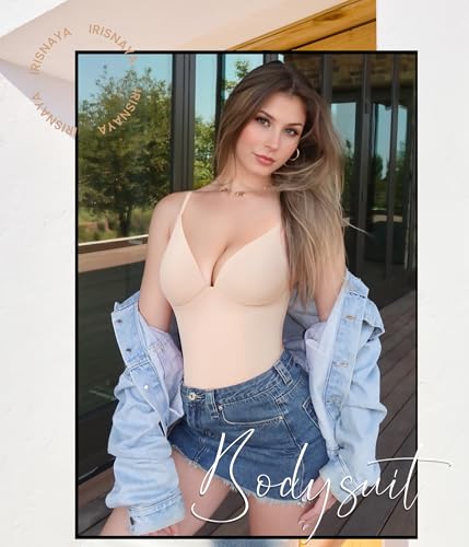 Irisnaya Women's Plunge Deep V Neck Bodysuits with Built in Bra Sleeveless Double Lined Body Suits Tops4