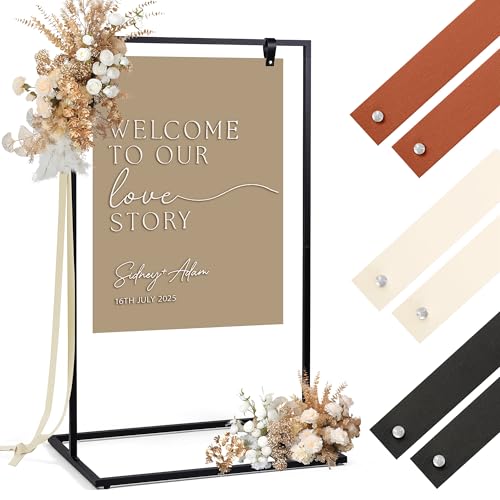 ARTASY Welcome Sign Stand with 6 Leather Straps – Sturdy Wedding Sign Stand & Black Metal Easel Stand for Signs – Ideal for Seating Charts & Event Decor