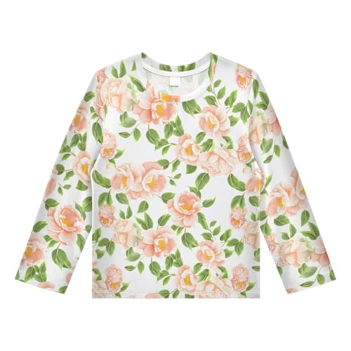 Camellia Flower Leaves Pink Boy's Rash Guard Swim Shirt Long Sleeve Sun Shirt for Kids Toddler UPF50+ 3T