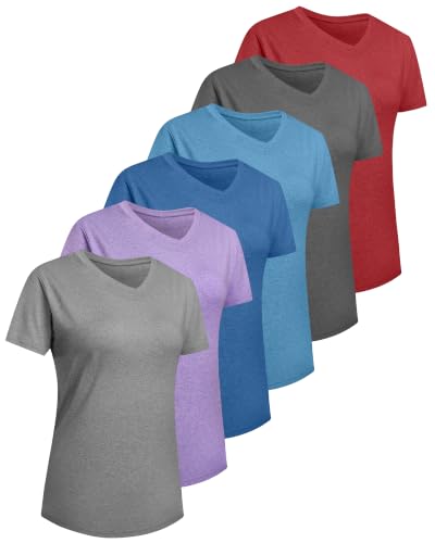 Image of 6 Pack Workout Tops for Women Short Sleeve V-Neck Athletic T Shirts UV UPF 50+ Sun Protection Quick Dry Gym Running Yoga Tee