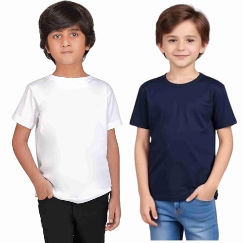 Image of Kids Round Neck T-Shirt Half Sleeves 100% Cotton Rich Soft Comfortable Fit Stylish Plain Color White+1 Combo Original Brand Tshirt for Boys