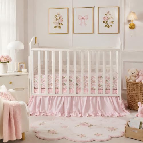 Image of Brandream Organic Cotton Crib Fitted Sheets for Baby Girls Fit Crib /Toddler Bed | French Country Pink Floral Trellis, Grandmillennial Cottagecore Style Super Soft Cotton Baby Nursery Bed Sheet