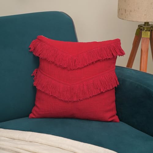 Image of Cotton Cushion Covers 16 inch x 16 inch | Boho Shaggy Square Decorative Cushion Cover for Bedroom | Hand Made Boho Throw Pillow Cover for Sofa (Set of 1, 16 * 16)