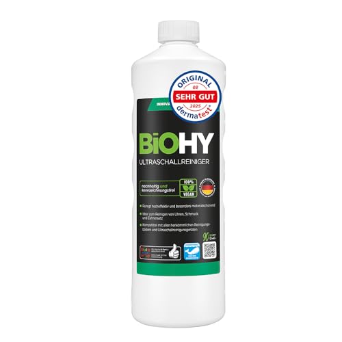 BiOHY Ultraschallreiniger (1l Flasche) | intensive und materialschonende Reinigung von Dentalprodukten Gold Münzen und Schmuck | KONZENTRAT für Ultraschallbad | streifenfreier Glanz