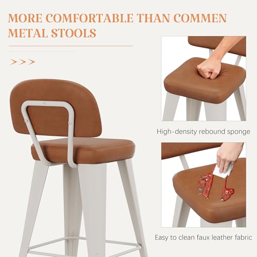 Image of Yongchuang 30 inch Bar Stools with Back Set of 4, Faux Leather Bar Height Stools with Metal Legs Modern Upholstered Kitchen Island Bar Chairs, Brown White