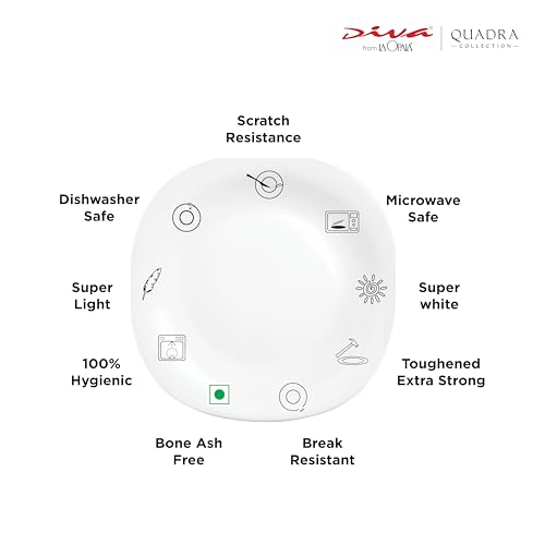 Image of La Opala Diva Quadra Collection Opal Glass Crockery | Full Plate Set of 6 Snowdrop | Square Dinner Plate for Dining & Gifting | Microwave Safe | 100% Vegetarian | Extra Strong | Light & White