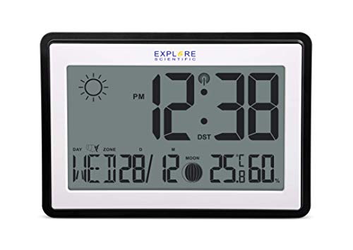 Explore Scientific RDC8002CM3000 - Reloj de Pared o de Mesa controlado por Radio, Fases Lunares, Temperatura Interior y Humedad, Gancho para Pared y Soporte de Escritorio, Color Negro