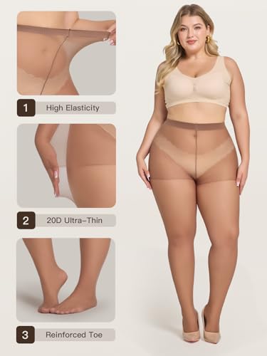 Image of MANZI Women's Plus Size Pantyhose 4 Pairs Sheer Nylon Tights