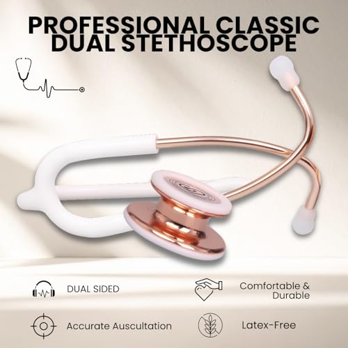 Image of MaiWieel-Classic Monitoring Stethoscope Professional Dual Head Rose Gold Stethoscopes For Nurse,Doctor,Vet,Home Medical,EMT,Double-Sided Stainless Chestpiece,Flexible Tubing & Soft Sealing Eartips(White Gold)