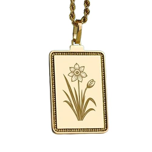 Image of LKBEADS Narcissus Flower Embossed Pendant Necklace Made in 925 Sterling Silver With Gold Plating 18" Cable Chain Rectangle Shape Charm For Unisex Jewelry |LK_EMBO_00734