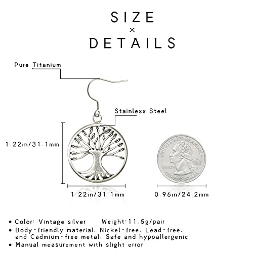 Tree Of Life Titanium Dangle Drop Earring Charms, Round Vintage Stainless Steel Dropping Earrings Anniversary Birthday Jewelry Gifts, Pure Titanium Hook Hypoallergenic For Women Girls Sensitive Ear #TOP5