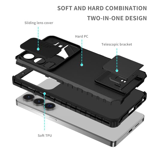 Image of ShieldTech Back Cover Case for Samsung Galaxy S25 Ultra 5G | Sliding Camera Shield | Stereoscopic Stand | Shockproof 360 Protection | PC + TPU Hybrid Mobile Phone Case for Samsung S25 Ultra | Black