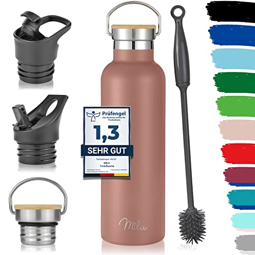 Milu Edelstahl Trinkflasche 350ml 500ml 750ml 1000ml (+3 Deckel) Thermosflasche mit Strohhalm, Isolierte Wasserflasche, Auslaufsichere Isolierflasche doppelwandig (Rose Gold, 750ml)
