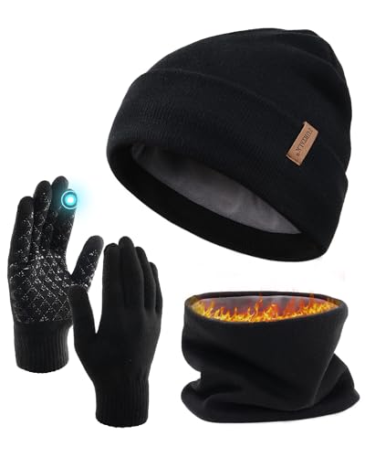 FURTALK Winter Beanie Hat Scarf Touchscreen Gloves Set for Men Women 3 Pcs Warm Knit Neck Warmer Fleece Lined Skull Cap