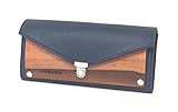 LALLO: Damen-Geldbörse ähnlich einer kleinen Clutch. Echtes italienisches Leder in blauer Farbe mit einer Einlage aus echtem indischem Apfelbaumholz auf der Vorderseite. Innenseite aus Mikrofaser, versehen mit einer praktischen Reißverschlusstasche für Münzen und sechs Fächern für Kreditkarten. Verschluss in Form einer Metallklappe
