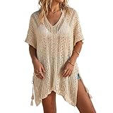 Women Beach Crochet Cover Up Dress Swimsuit Bikini Openwork Beach Cover Up Summer Sheer Dress. (Apricot)