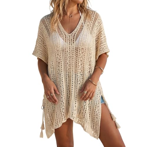 Women Beach Crochet Cover Up Dress Swimsuit Bikini Openwork Beach Cover Up Summer Sheer Dress. (Apricot)
