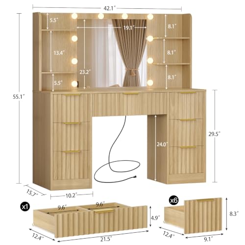 Image of FIONESO Fluted Vanity Desk with Mirror and Adjustable LED Lights & Power Outlet, Makeup Vanity Desk with 7 Drawers,4 Shelves and 5 Hooks, Vanity for Girls, Natural Oak