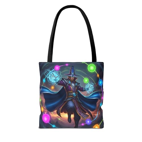Premium Tote Bag with Reinforced Stitching - A Colorful Sorcerer Floating with Neon Orbs2