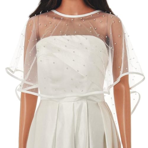 Campsis Wedding Shawls White Bride Dress Cover Up Pearl Bridal Lace Cape for Women