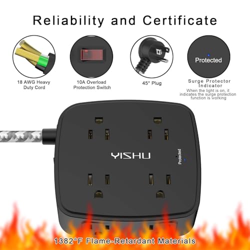 Image of Surge Protector Power Strip - YISHU 8 Outlets with 4 USB (2 USB C) Charging Ports, 6Ft Braided Extension Cord, Flat Plug Multi Plug Outlet Extender Charging Station for Home Office, ETL, Black