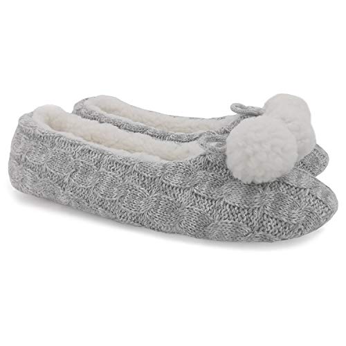 ofoot Womens Warm Soft Ballerina Slippers, Metallic Thread Cable Knit Fleece Lining Cute Pom Pom Non Slip House Shoes(Grey,US 9-10)