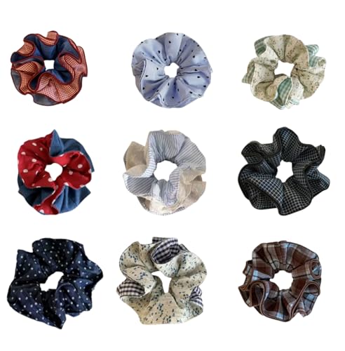 Oversized Classic Cotton Scrunchies Set, 9 Pack Plaid Floral Polka