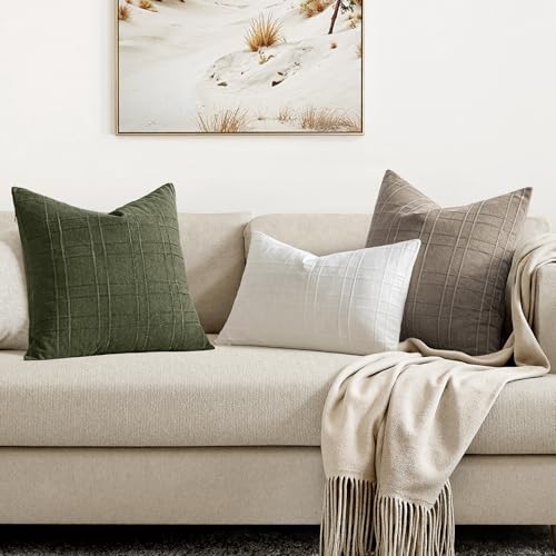 Image of MIULEE Decorative Linen Check Throw Pillow Covers Neutral Farmhouse Vintage Spring Pillow Covers 18x18 Set of 2 Boho Modern Home Decor for Sofa Couch Bedroom Cushion Dark Olive Green