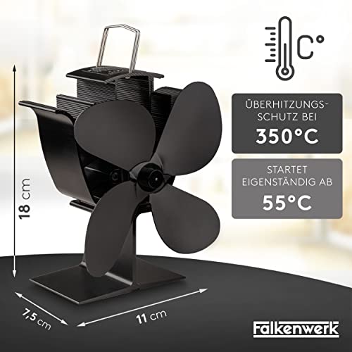 FALKENWERK Ofenventilator ohne Strom inkl. Kaminthermometer & Ofenhandschuh - Leiser Kaminventilator - Wärmebetriebener Ventilator für Kaminofen - Ofen Ventilator zur Wärmeverteilung