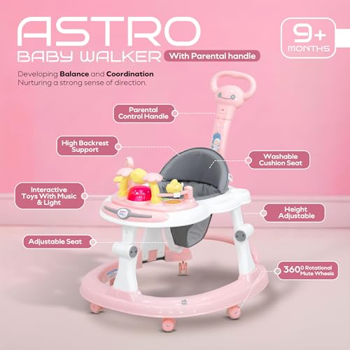 Image of Happy Bear Astro Baby Walker with Parent Handle | Height Adjustable Walker with parent Handle Baby 9 Months and Above | Activity Walker for Baby | Removable Push Parent Handle | Walker for Boys and Girls - Pink