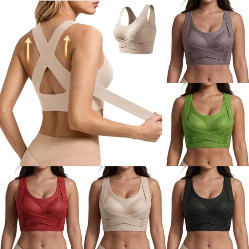 Bras for Women No Underwire Bras for Women Push Up High Support Front Closure Posture Correcting Wireless No Underwire Crossy Back Support Bra Beige XL - image 1