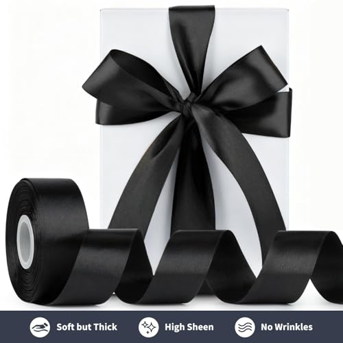 Image of Mauproy 1-1 /2 Inch Wide Black Satin Ribbon, 50 Yards Solid Polyester Fabric Ribbon for Roses Making, Mother's Day, Gift Wrapping, Flower Bouquets, Wedding Decorations, Handmade Crafts