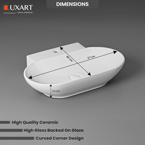 Image of LUXART Tabletop Wash Basin For Bathroom - 22 x 16 x 5 Inc Ceramic Glossy White Countertop & Wall Hung Washbasin | Vessel Sink For Hotel, Dining Hall, Vanity | Over counter Top Washroom Sink