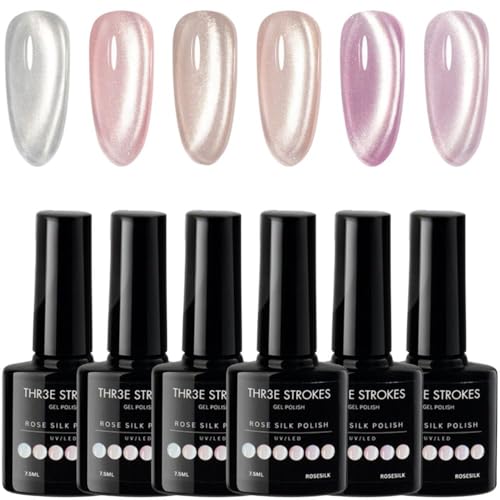 Image of THR3E STROKES Cat Eye Gel Nail Polish Set for Pink Brown Glitter Holographic Cat Eye,Shimmery Finish 7.5Ml Salon Gel Manicure and Nail Art DIY at Home, Bright Moonlight (ROSE SILK)