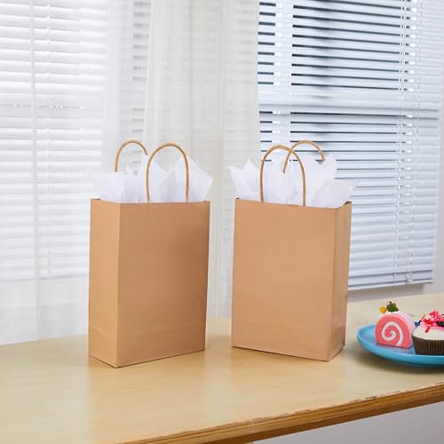SUNCOLOR 24-Pack Brown Gift Bags with Handles, 8”Kraft Paper Bags for Goodies, Rustic Weddings, Business Events, DIY Crafts, Party Favors & Shopping