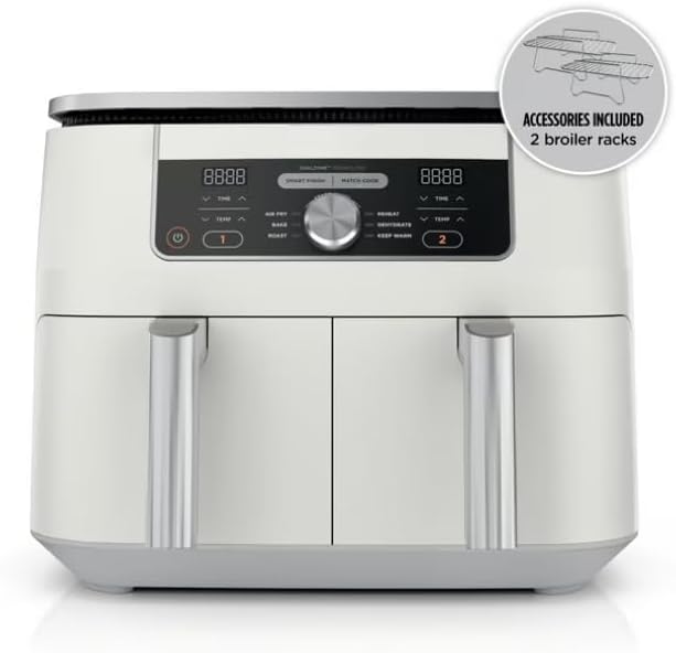 Niin-jja 6 in 1, 8 Quart 2 Basket Air Fryer with DualZone Technology, Air Fry, Keep Warm, Roast, Bake, Reheat, and Dehydrate, Easy-to-Clean, color White (AD 150 A)