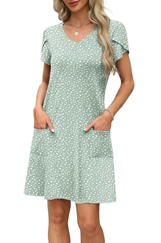 Image of OFEEFAN Womens Summer Dresses 2026 Tulip Petal Short Sleeve V Neck Loose Swing Sundresses with Pockets Plain /Print