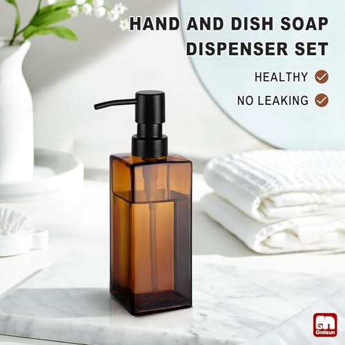 Image of GMISUN Amber Glass Soap Dispenser, Hand Soap Dispenser with Stainless Steel Pump for Bathroom, 12 fl oz /350ml Refillable Dish Dispensers for Kitchen, Modern Liquid Lotion Bottles for Countertop