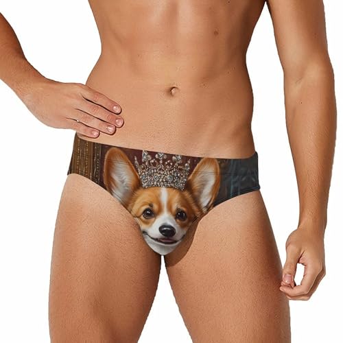 Corgi Dog Queen Men's Swimming Trunks Briefs Beach Swimwear Low Rise Bikini Swimsuit Print Bathing Suit