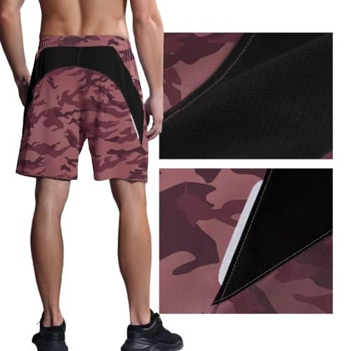 HMIYA Herren Sport Shorts Kurze Hose Schnell Trocknend Sporthose Leicht mit Reißverschlusstasche(Camo Rosa,EU-2XL/US-XL)