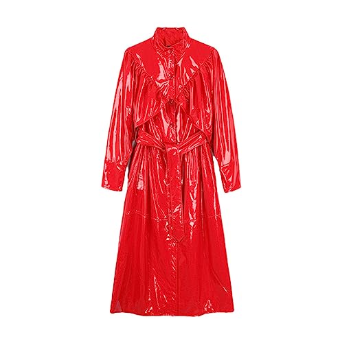 Manteau long cuir verni brillant rouge femme pour structurer la silhouette avec style