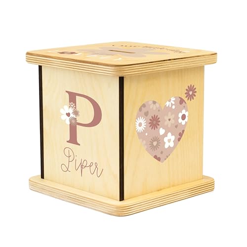Wooden Piggy Bank for Kids and Adults, Personalized Gift Handmade in USA by BloomOwl, Custom Piggy Bank, Personalized Banks for Kids, Gifts for Baby Boys and Girls (Daisy)